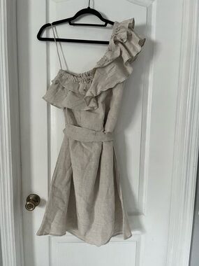 Boston Proper One-Shoulder Ruffle Linen-Blend Dress in Natural Beige